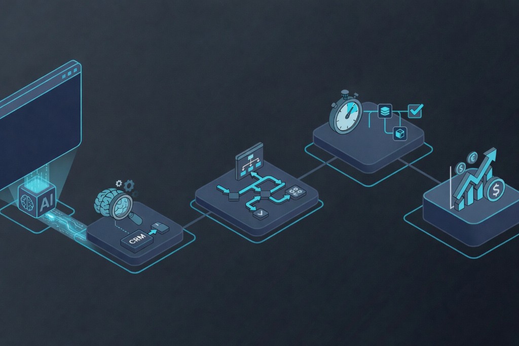 תרשים זרימת תהליך: מניתוח CRM ובינה מלאכותית דרך אוטומציה ועד ביצוע וצמיחת הכנסות